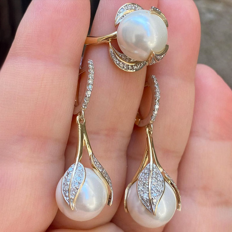Leaf-shaped pearl and gemstone earring and ring set-JEWELBUYS