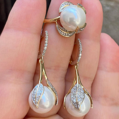 Leaf-shaped pearl and gemstone earring and ring set-JEWELBUYS