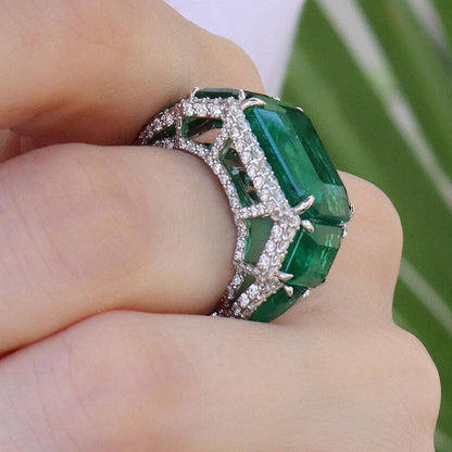 Elegant 13ct Emerald Cut Pave Green Sapphire Setting Engagement Ring-JEWELBUYS