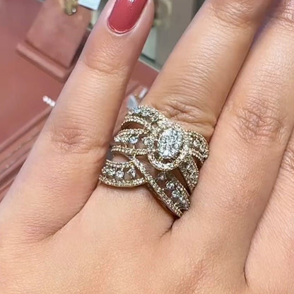 5ct Oval Halo Triple Band Arm Gemstone Ring -JEWELBUYS