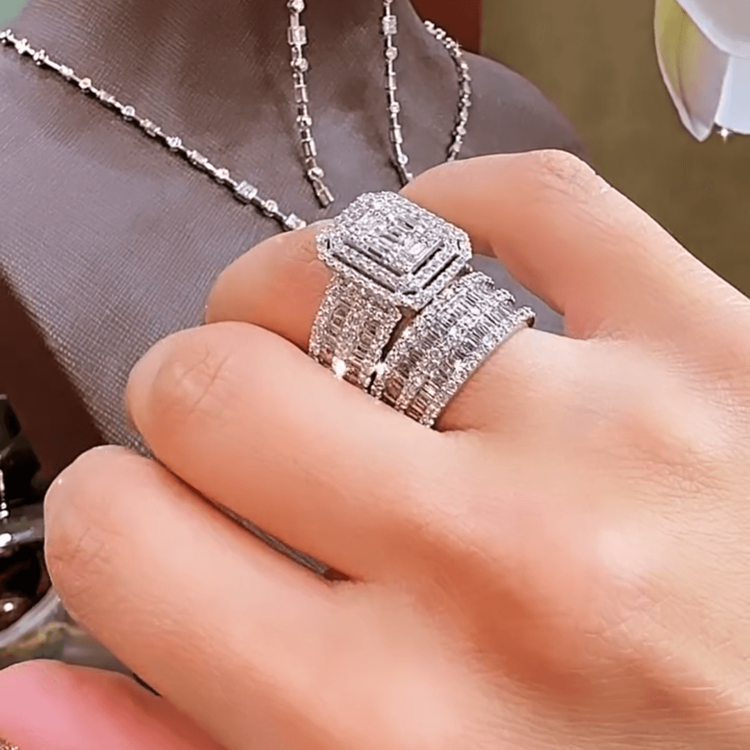 3ct Emerald & Round Cut White Sapphire Engagement Ring-JEWELBUYS