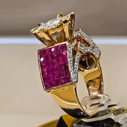 Elegant 6 ctw Round & Square Cut Ruby & White Gemstone Engagement Ring -JEWELBUYS