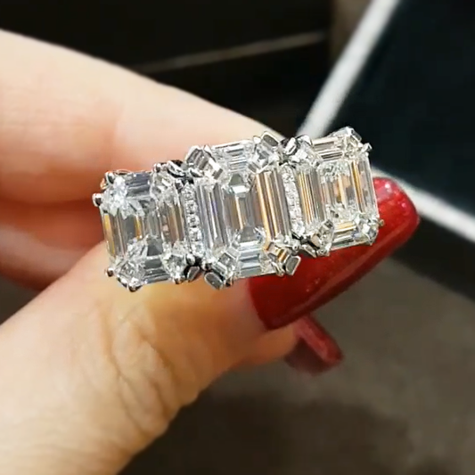 Gorgeous 14 ctw Emerald Cut White Gemstone Three Stone Engagement Ring -JEWELBUYS
