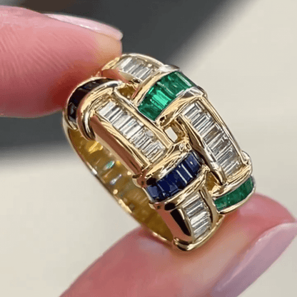 Eternal Art 2ct Emerald Cut Multi Sapphires Wide Band Two Tone Weave Ring in Gold-JEWELBUYS