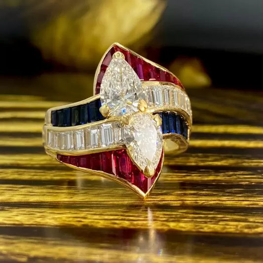 2.5ctw Vintage Pear Cut Tricolor Ruby White and Blue Sapphire Ring-JEWELBUYS