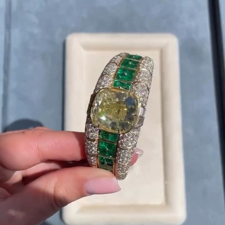 20Ctw Elegant and Dazzling Cushion-Shaped Fancy Yellow Emerald and Sapphire Bangle-JEWELBUYS