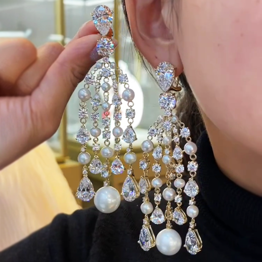 Fantasy 10 ctw Pear&Round Cut White Gemstone & Pearl Chandelier Earrings -JEWELBUYS