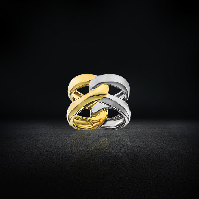 18K Yellow Gold and Rhodium Over 925 Silver Ring Interlocked Band-JEWELBUYS