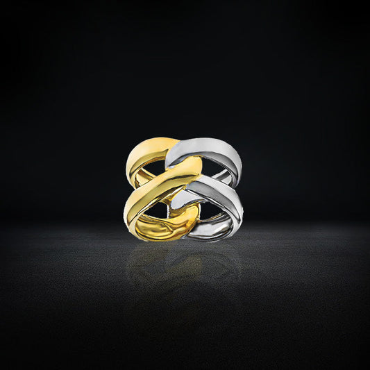 18K Yellow Gold and Rhodium Over 925 Silver Ring Interlocked Band-JEWELBUYS