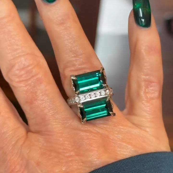 5ctw Emerald Cut Green Tourmaline Double Stone Interesting Ring-JEWELBUYS