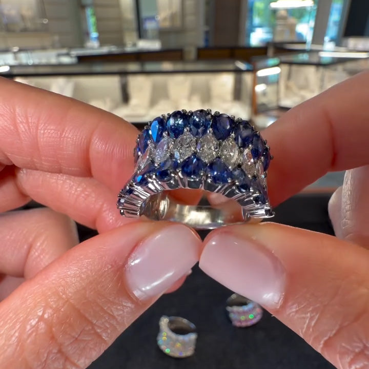 2.3Ctw Pear-shaped marquise-cut seamless ring with three rows of sapphires-JEWELBUYS