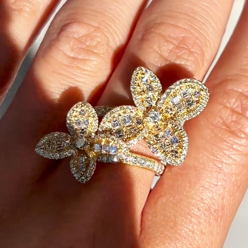 Elegant 3ct Emerald Cut White Sapphire Flower Shaped Women's Ring in Gold-JEWELBUYS