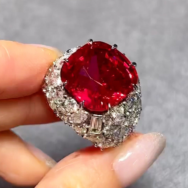 15.02 CTW Cushion Cut Ruby and White Sapphire Full Set Engagement Ring-JEWELBUYS