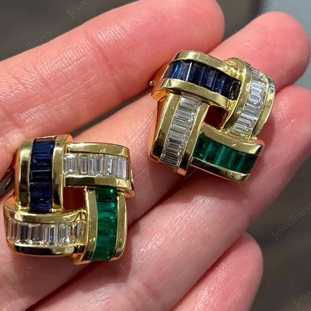 4ctw Baguette Cut Blue and Green Sapphire Braided Earrings-JEWELBUYS