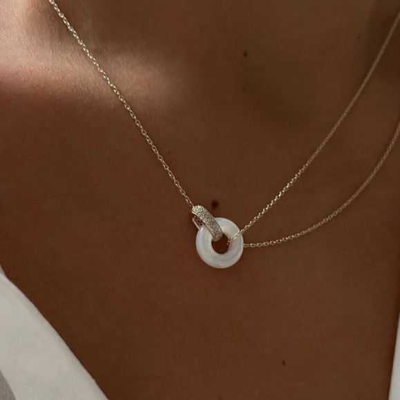 Simple Round Cut White Sapphire Pave Set Pearl Necklace-JEWELBUYS