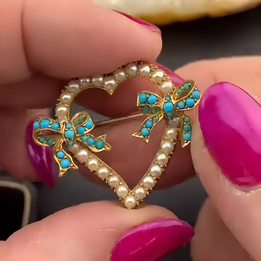 Pearl and Turquoise Heart and Bow Brooch-JEWELBUYS