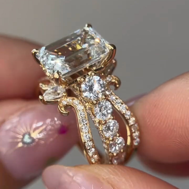 4.0Ctw Brilliant Emerald-Cut Sapphire Vintage Scroll Stacked Ring-JEWELBUYS