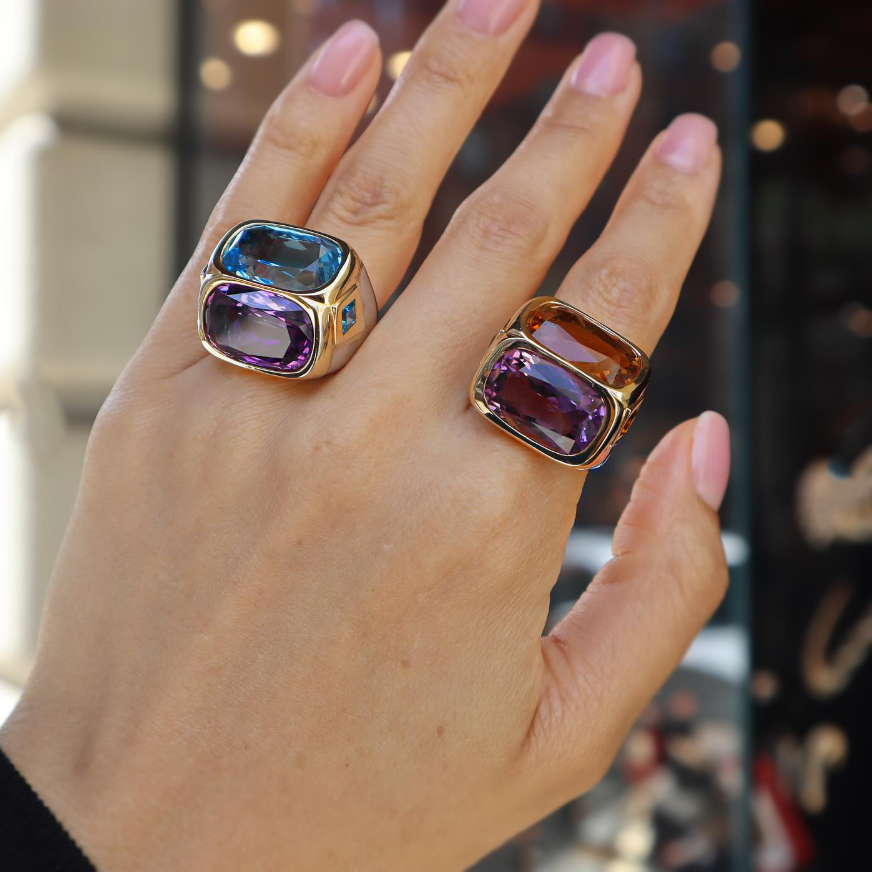 Unique 12 ctw Cushion Cut Blue & Purple & Yellow Gemstone Two Stone Cocktail Ring -JEWELBUYS
