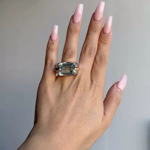 Minimalist 14ct Emerald Cut Blue Sapphire Cocktail Ring in Rose Gold and Silver-JEWELBUYS