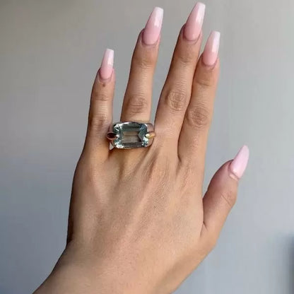 Minimalist 14ct Emerald Cut Blue Sapphire Cocktail Ring in Rose Gold and Silver-JEWELBUYS