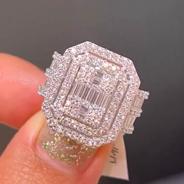 5.58ctw Radiant & Baguette Cut Wide Shank Halo Ring -JEWELBUYS