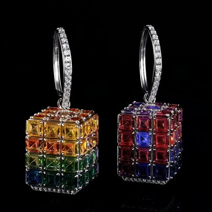 6.0Ctw Emerald Cut Gradient Color Sapphire Cube Earrings-JEWELBUYS