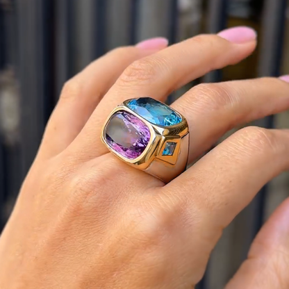 Unique 12 ctw Cushion Cut Blue & Purple & Yellow Gemstone Two Stone Cocktail Ring -JEWELBUYS