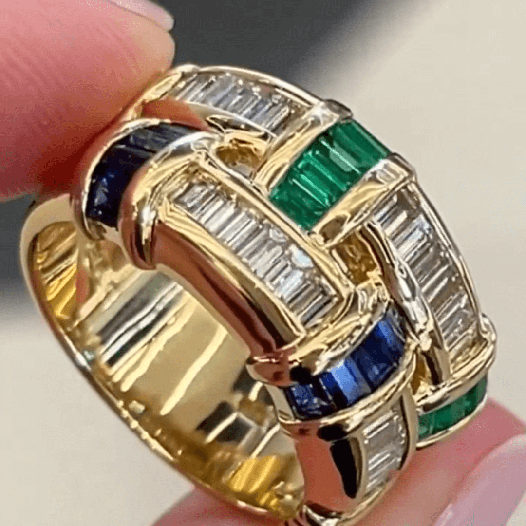 Eternal Art 2ct Emerald Cut Multi Sapphires Wide Band Two Tone Weave Ring in Gold-JEWELBUYS