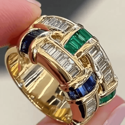 Eternal Art 2ct Emerald Cut Multi Sapphires Wide Band Two Tone Weave Ring in Gold-JEWELBUYS