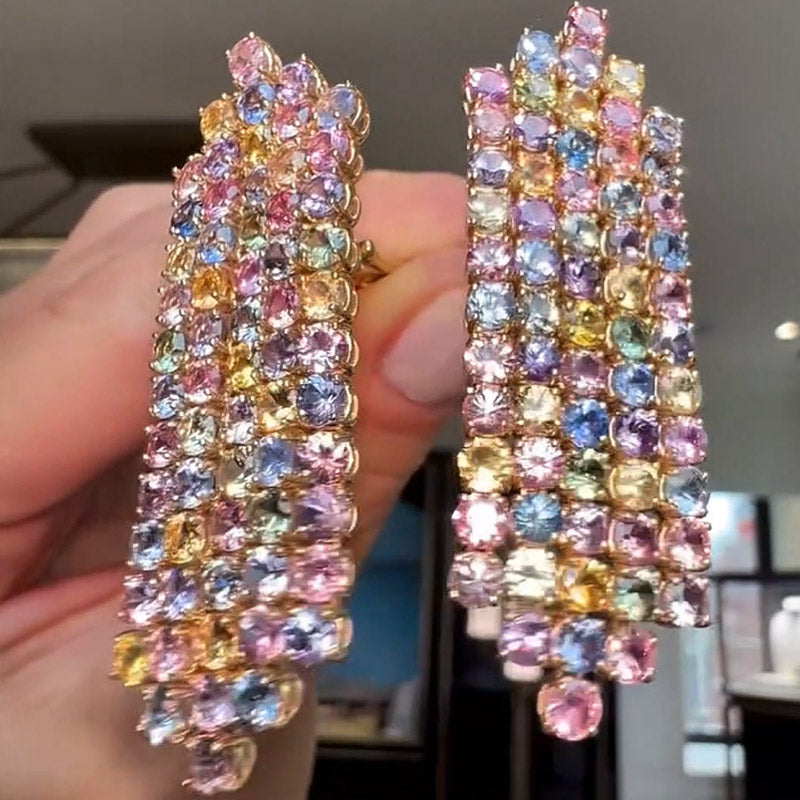 10ctw Magical Colorful Sapphire Linear Stone Dangle Earrings-JEWELBUYS