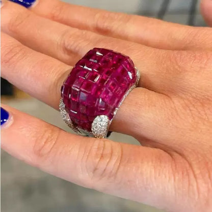 23.75ctw Princess & Round Cut Ruby Sapphire Vintage Hidden Set Ring-JEWELBUYS