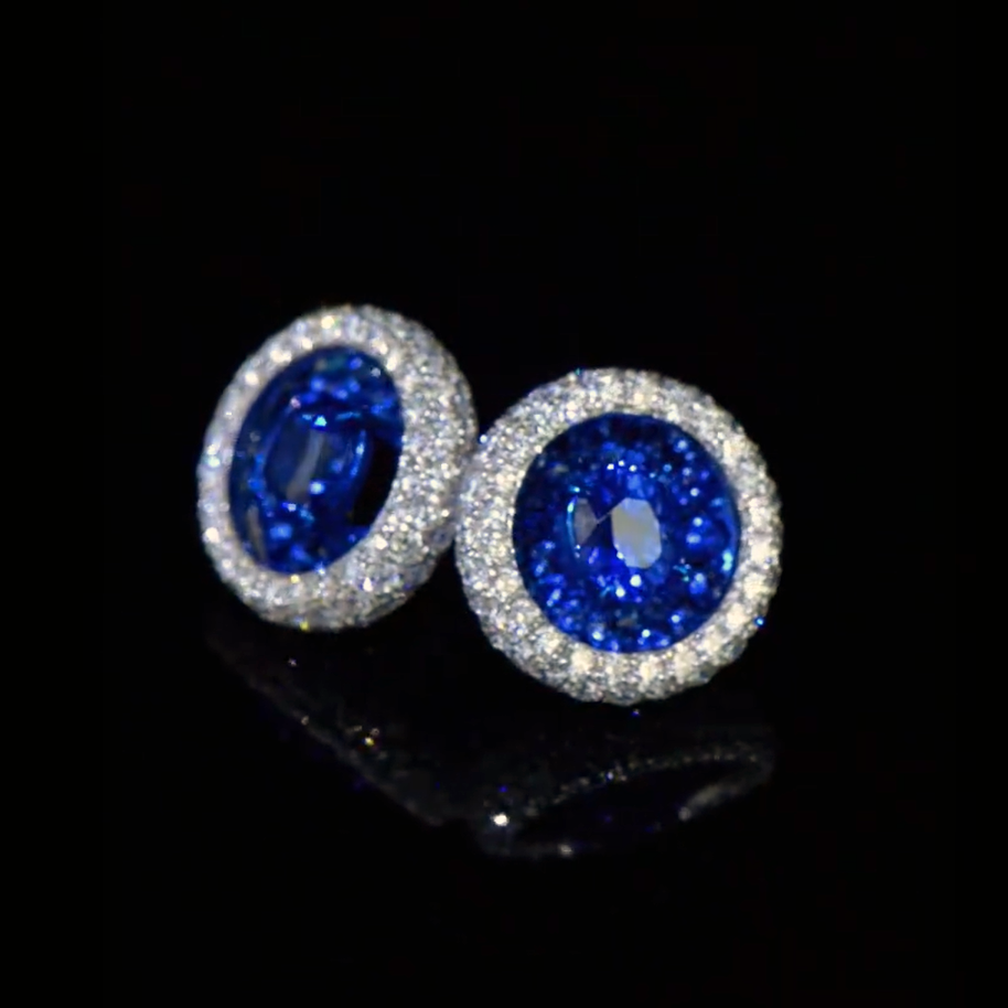 1ct Round Cut Blue Sapphire Halo Stud Earrings-JEWELBUYS