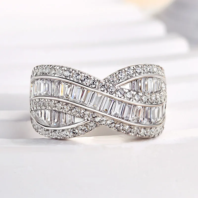 5ct Emerald Cut White Sapphire Pave Charming Cross Wedding Band-JEWELBUYS