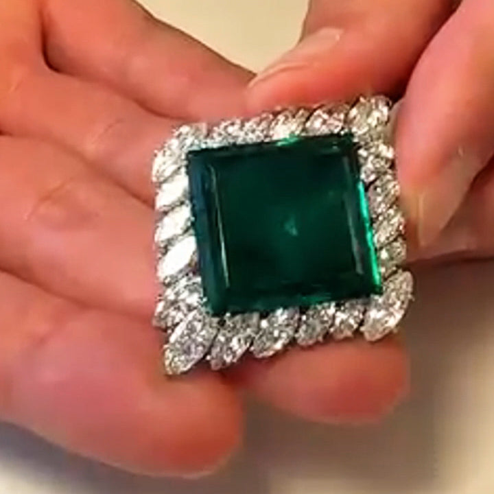 24.3Ctw Square Emerald and Sapphire Brooch-JEWELBUYS