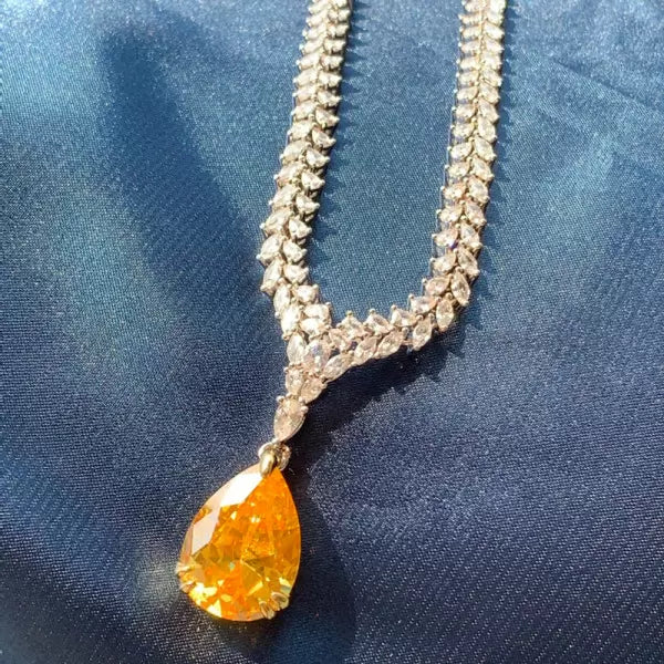 26ctw Pear Cut Yellow Sapphire Elegant Pave Set Necklace-JEWELBUYS