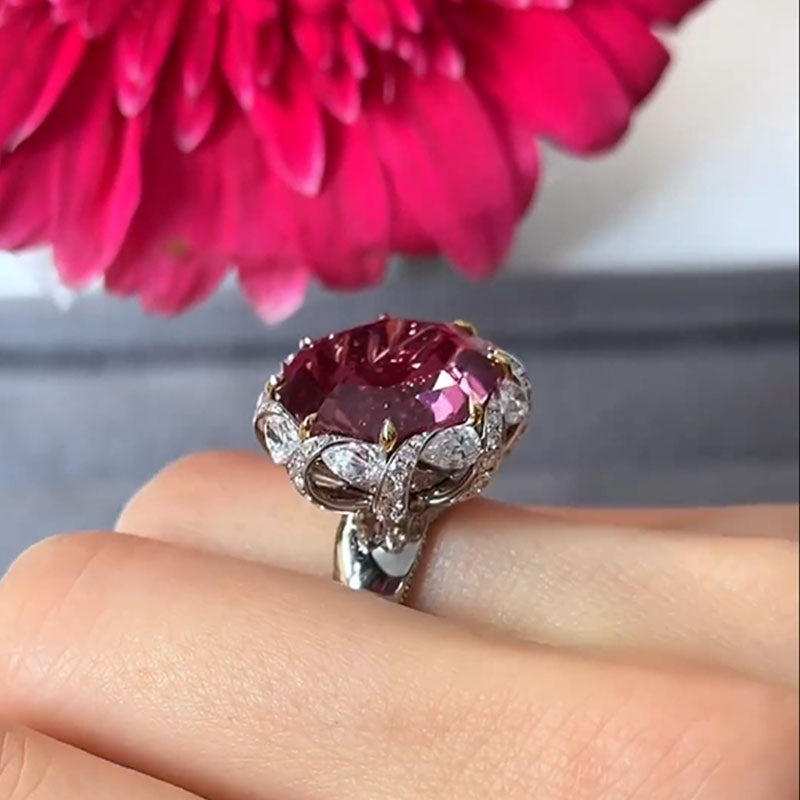 16ct Hexagon Cut Reddish-pink Sapphire Flower Engagement Ring-JEWELBUYS