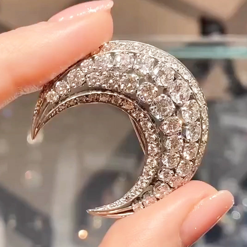 9.02ctw Old Cut White Sapphire Crescent Brooch-JEWELBUYS