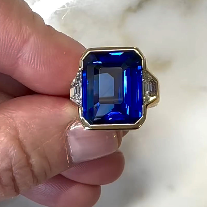 4ct Emerald Cut Blue Gemstone Three Stone Engagement Ring - JEWELBUYS