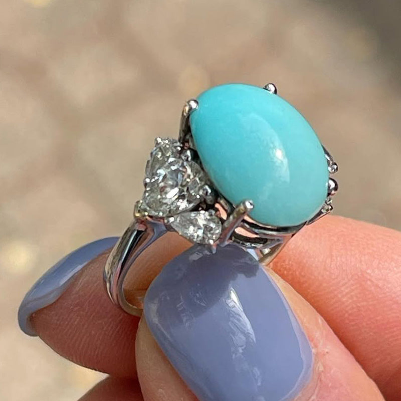 7.51Ctw Cabochon sky blue turquoise and sapphire ring-JEWELBUYS