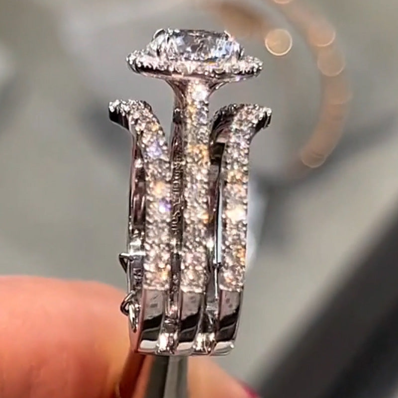 4.0Ctw Round Cut White Sapphire Three Ring Engagement Ring-JEWELBUYS