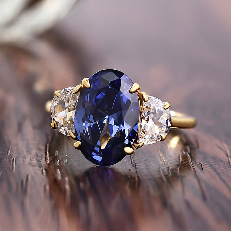 3.5ct Oval Cut Blue Sapphire Three Stones Engagement Ring-JEWELBUYS