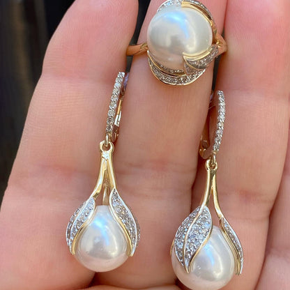 Leaf-shaped pearl and gemstone earring and ring set-JEWELBUYS