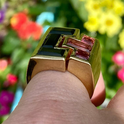 2.7Ctw Pink and Green Emerald Sapphire Architectural Style Ring-JEWELBUYS