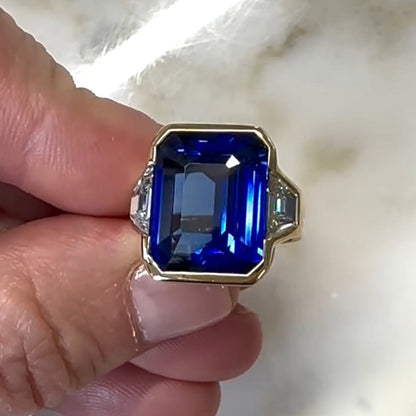 4ct Emerald Cut Blue Gemstone Three Stone Engagement Ring - JEWELBUYS