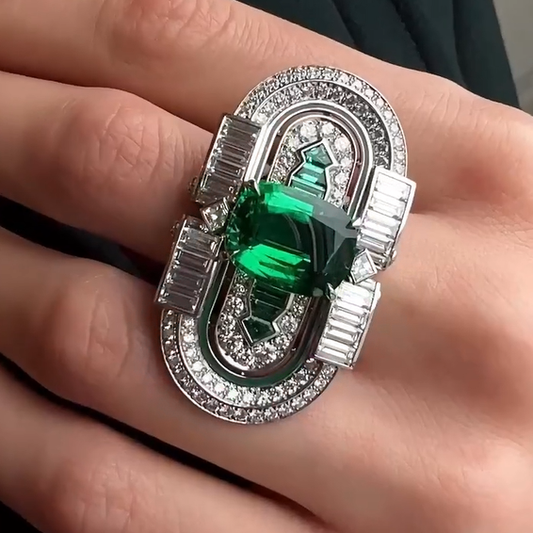 11 ctw Cushion Cut Art Deco Emerald Ring - JEWELBUYS