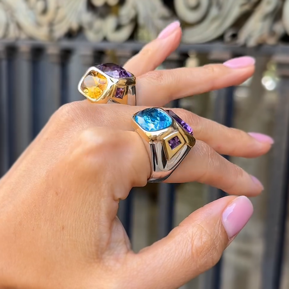 Unique 12 ctw Cushion Cut Blue & Purple & Yellow Gemstone Two Stone Cocktail Ring -JEWELBUYS