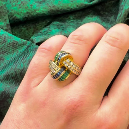 2.25Ctw Emerald and Round-Cut Multicolor Sapphire Ring-JEWELBUYS