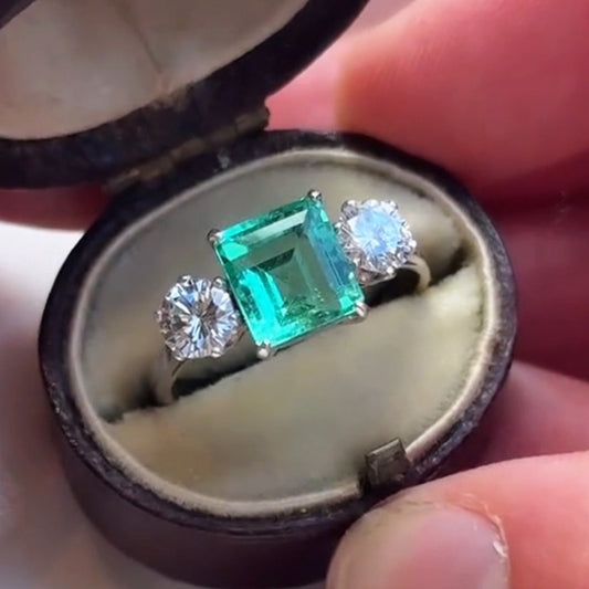 3.2ctw Vintage Colombian Emerald Sapphire Engagement Ring-JEWELBUYS