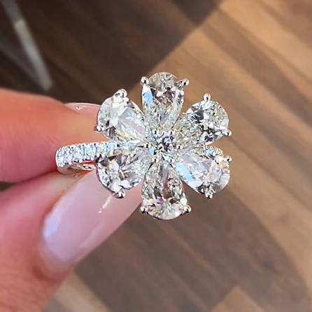 Delicate 3 ctw Pear & Round Cut White Gemstone Flower Ring -JEWELBUYS