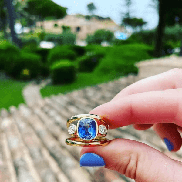 3ctw Cushion Cut Blue & White Sapphire Three-Stone Ring-JEWELBUYS